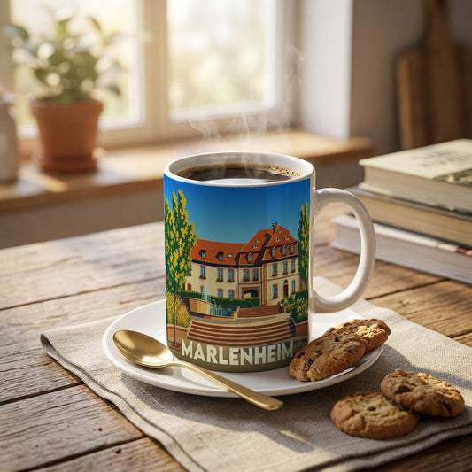 Mug souvenir de la ville de Marlenheim avec une illustration stylisée d'un bâtiment historique alsacien.