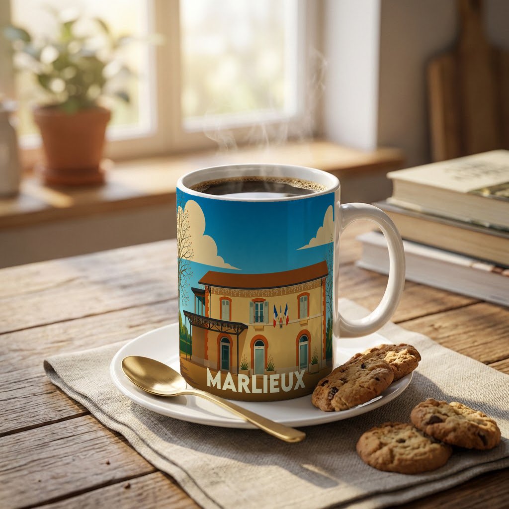 Mug souvenir de la ville de Marlieux orné d'une illustration stylisée de son bâtiment municipal.