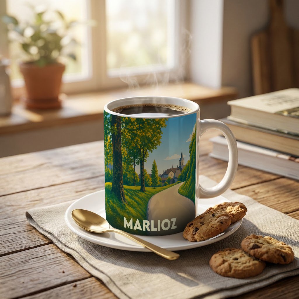 Mug souvenir de la ville de Marlioz avec une illustration paysagère stylisée.