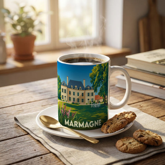 Mug souvenir de la ville de Marmagne avec une illustration stylisée d'un manoir.