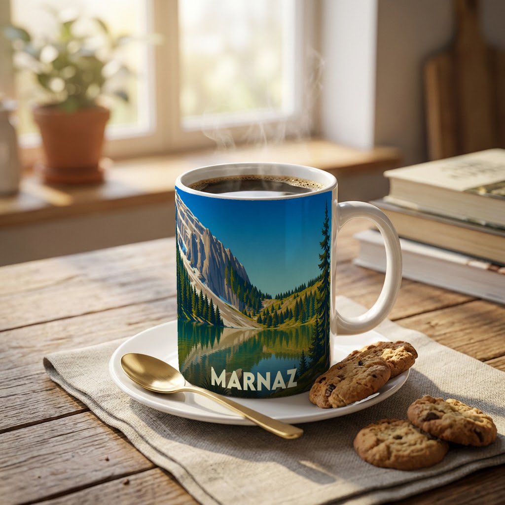 Mug souvenir de la ville de Marnaz orné d'une illustration de paysage montagneux.