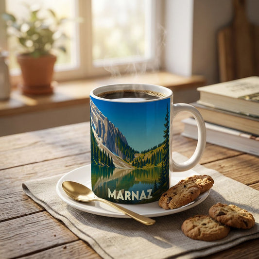 Mug souvenir de la ville de Marnaz orné d'une illustration de paysage montagneux.