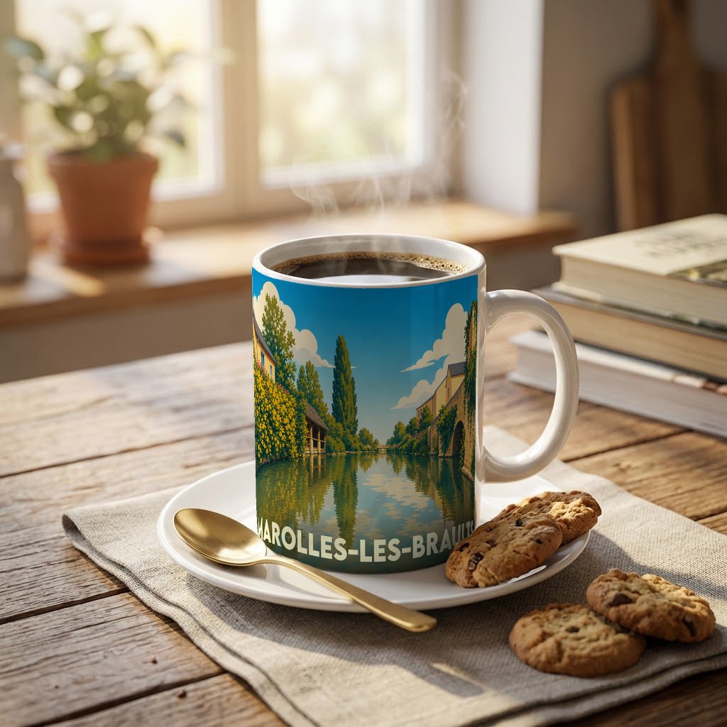 Mug souvenir de la ville de Marolles-les-Braults avec une illustration paysagère stylisée.