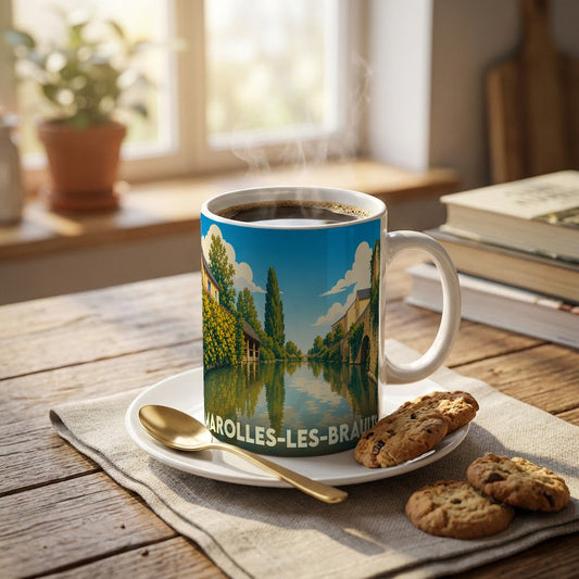 Mug souvenir de la ville de Marolles-les-Braults avec une illustration paysagère stylisée.