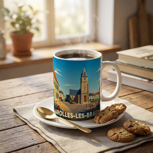 Mug souvenir de la ville de Marolles-les-Braults avec une illustration stylisée de son église et de ses rues.