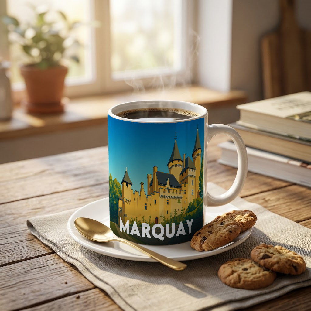 Mug souvenir de la ville de Marquay avec une illustration stylisée de château.