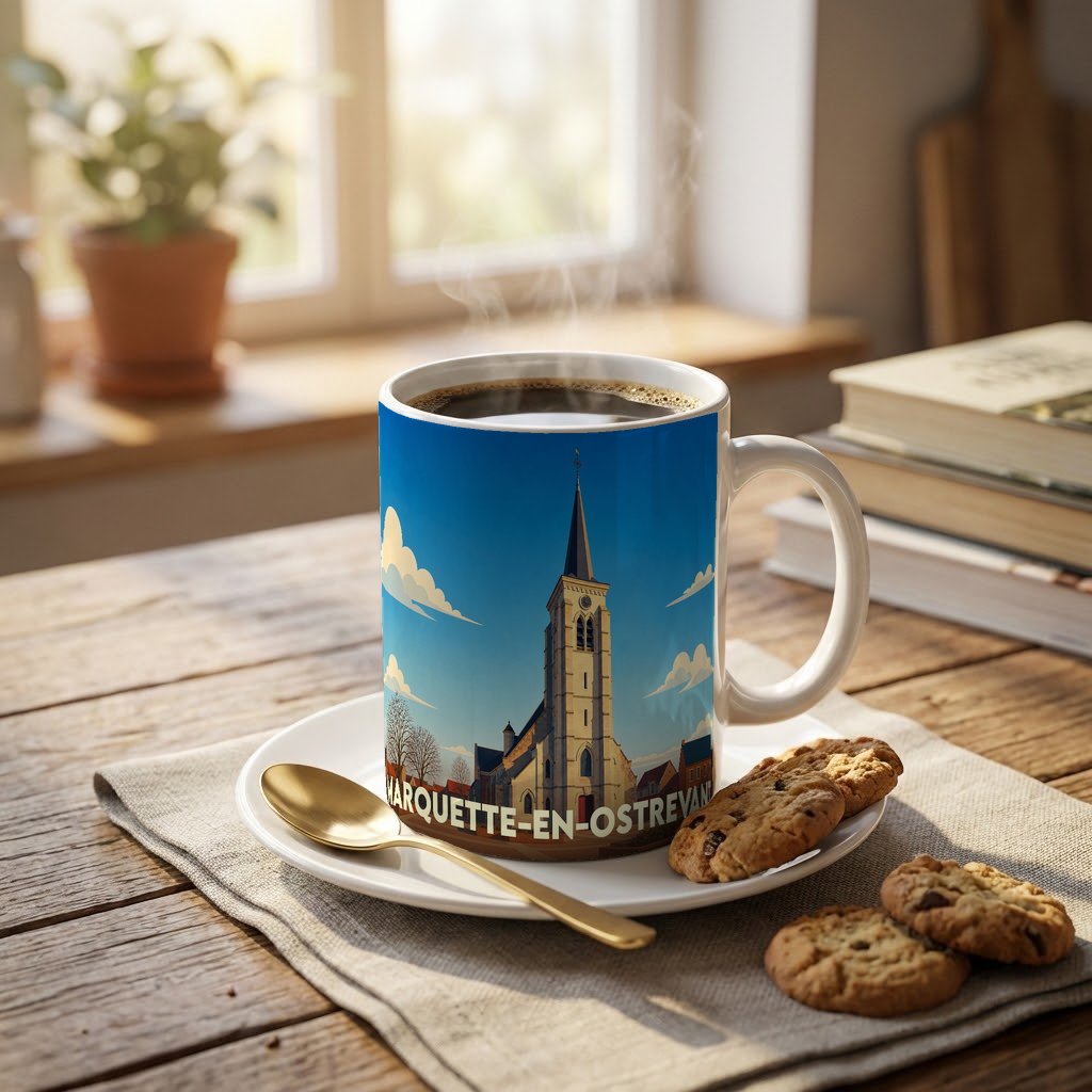 Mug souvenir de la ville de Marquette-en-Ostrevant avec une illustration stylisée de son église sous un ciel bleu.
