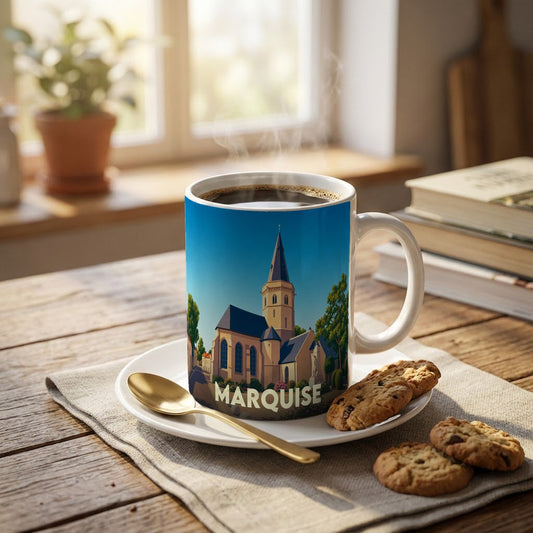 Mug souvenir de la ville de Marquise orné d'une illustration stylisée de son église.