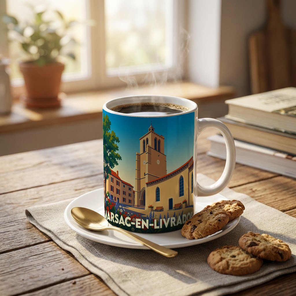 Mug souvenir de la ville de Marsac-en-Livradois avec une illustration stylisée d'une église et son clocher.
