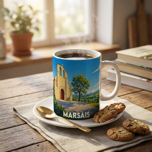 Mug souvenir de la ville de Marsais orné d'une illustration stylisée d'une église sous un ciel bleu.