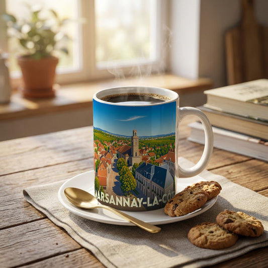 Mug souvenir de la ville de Marsannay-la-Côte avec une illustration panoramique stylisée.