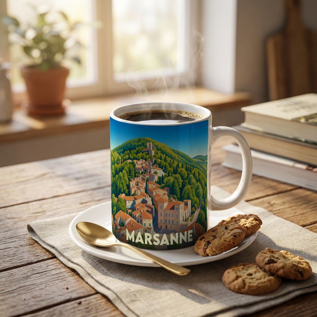 Mug souvenir de la ville de Marsanne avec une illustration stylisée d'un village perché.