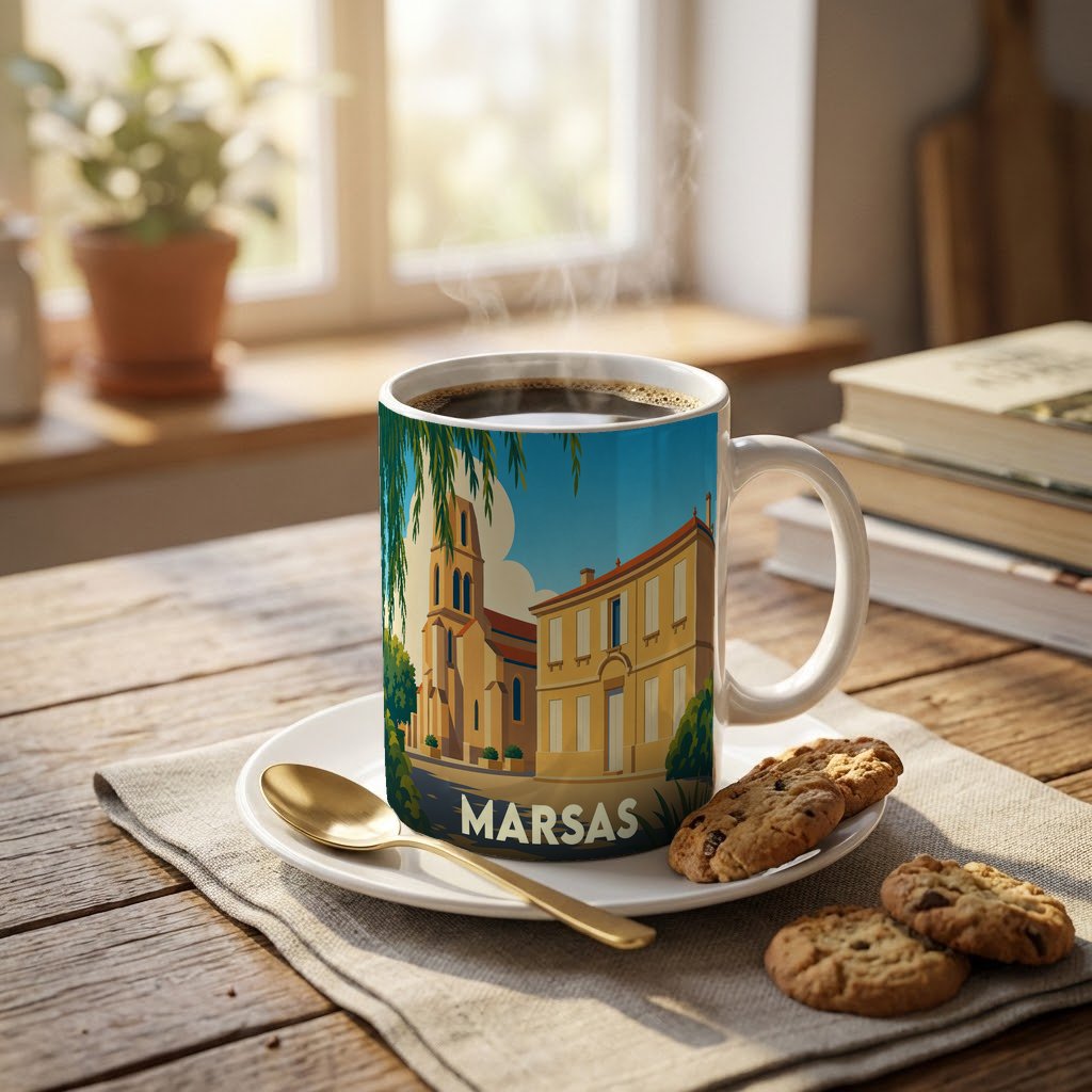 Mug souvenir de la ville de Marsas orné d'une illustration stylisée de son architecture locale.