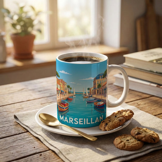 Mug souvenir de la ville de Marseillan avec une illustration stylisée de son port.