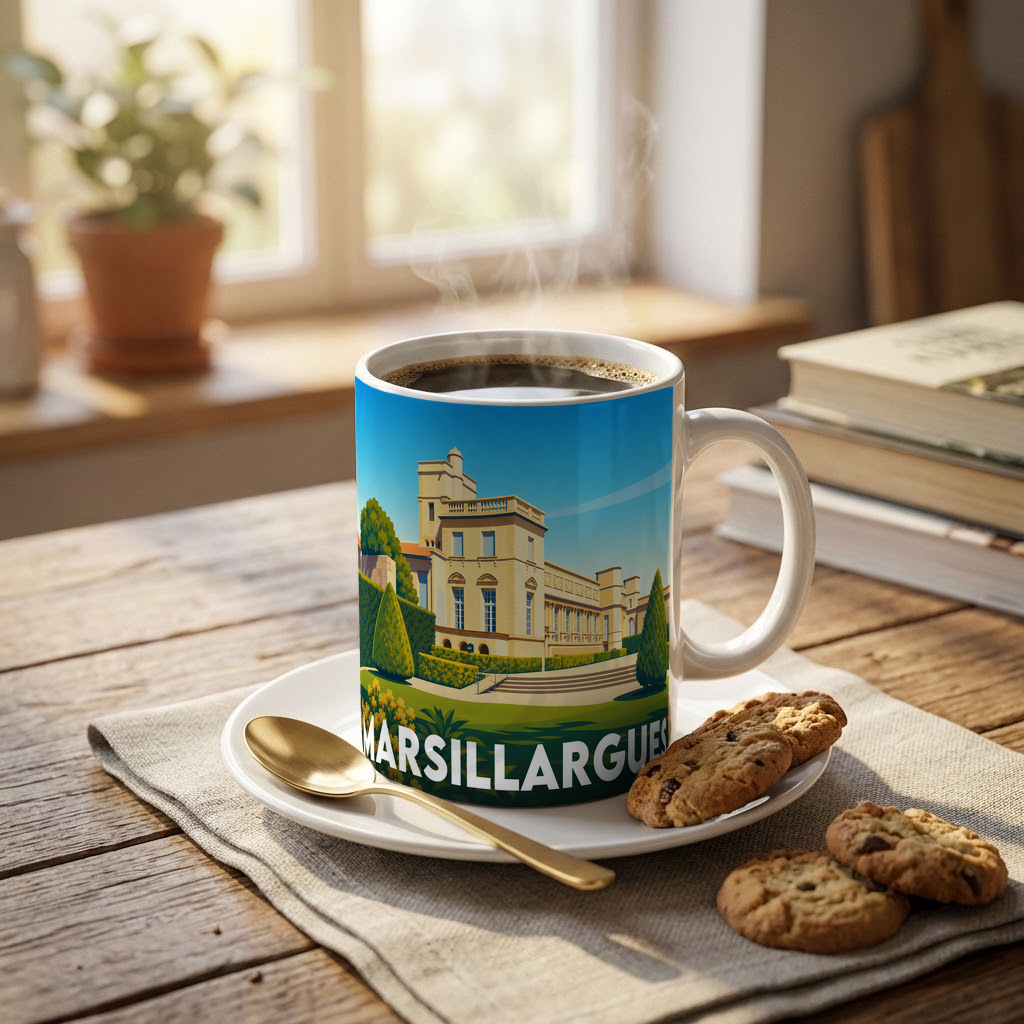 Mug souvenir de la ville de Marsillargues avec une illustration stylisée d'un château.
