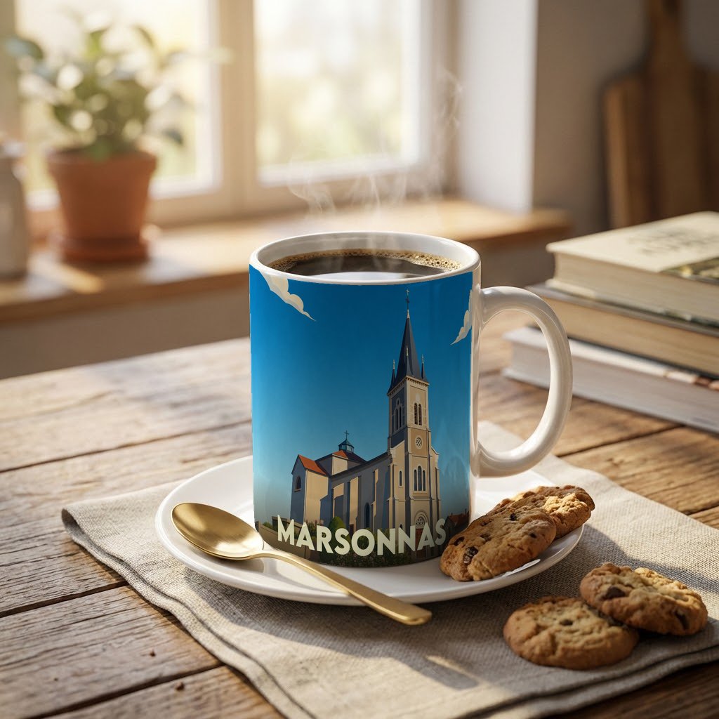 Mug souvenir de la ville de Marsonnas orné d'une illustration stylisée de son église.