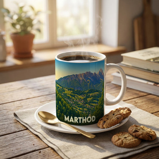 Mug souvenir de la ville de Marthod avec une illustration stylisée de paysages montagneux.