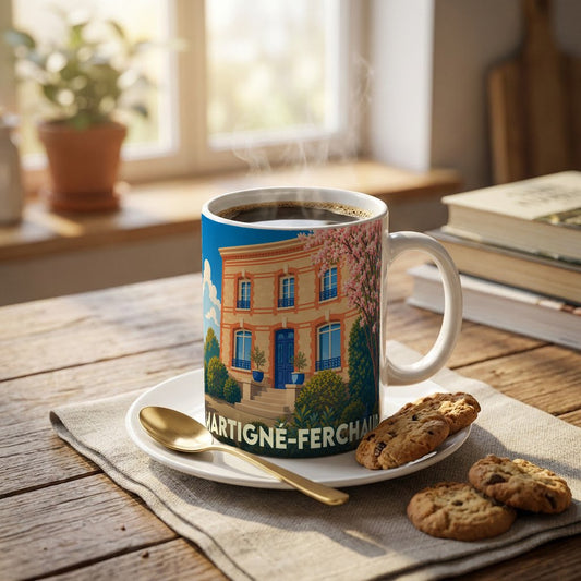Mug souvenir de la ville de Martigné-Ferchaud illustré d'un bâtiment élégant entouré de végétation.