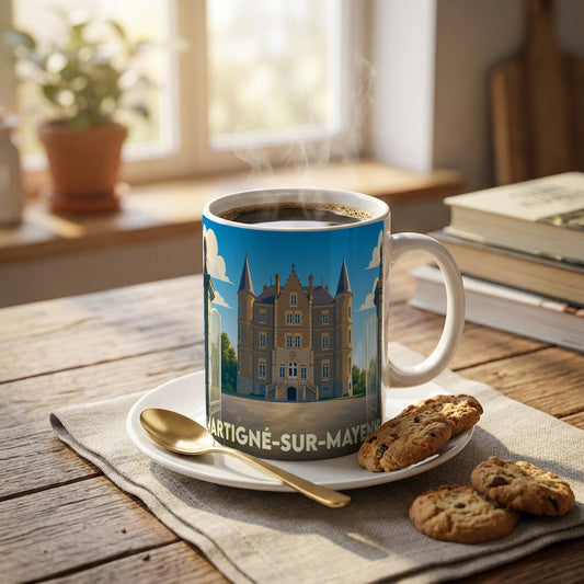 Mug souvenir de la ville de Martigné-sur-Mayenne avec une illustration stylisée d'un château.