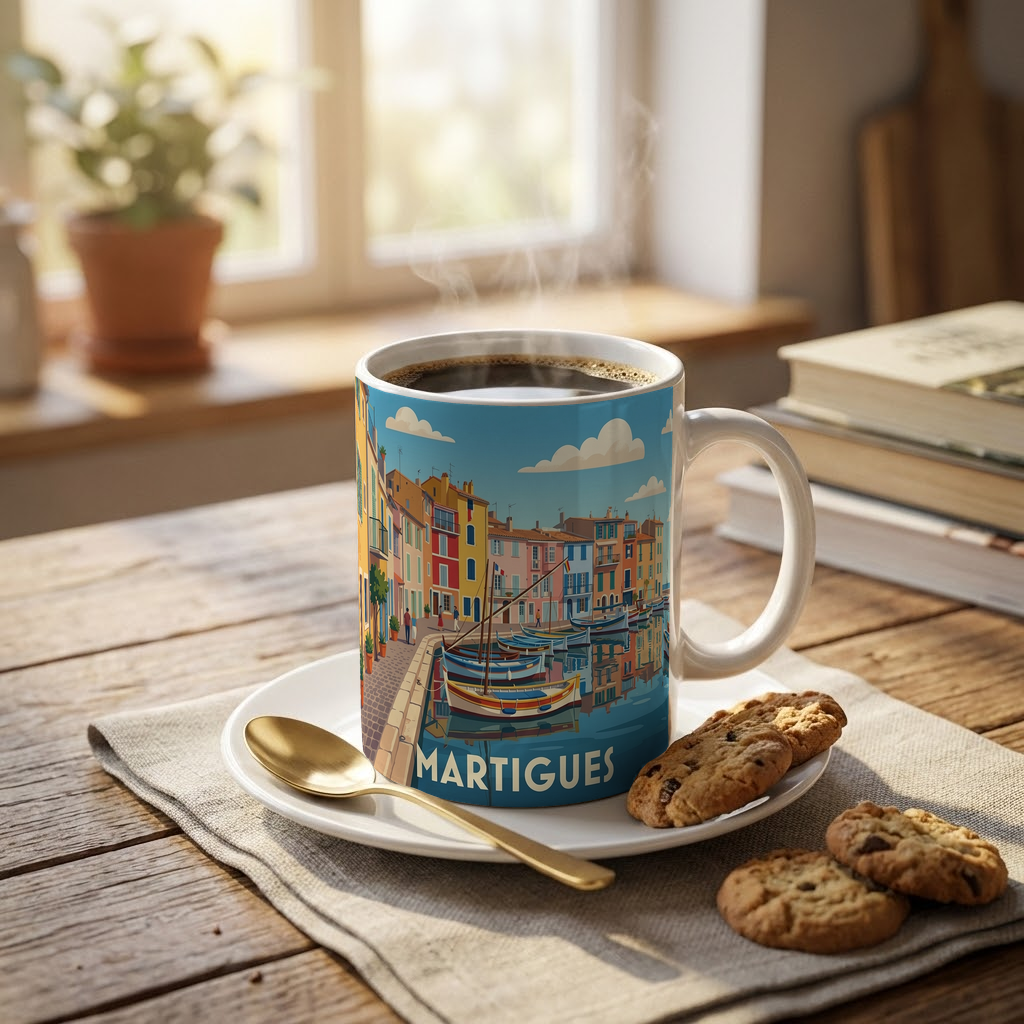 Mug souvenir de la ville de Martigues avec une illustration stylisée de ses canaux et de ses maisons colorées.