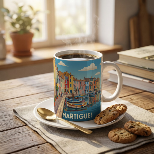 Mug souvenir de la ville de Martigues avec une illustration stylisée de ses canaux et de ses maisons colorées.