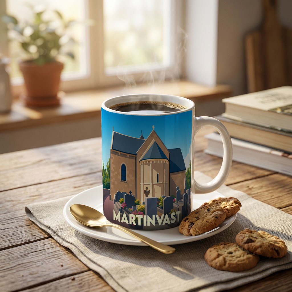 Mug souvenir de la ville de Martinvast orné d'une illustration stylisée de son église et de son cimetière.