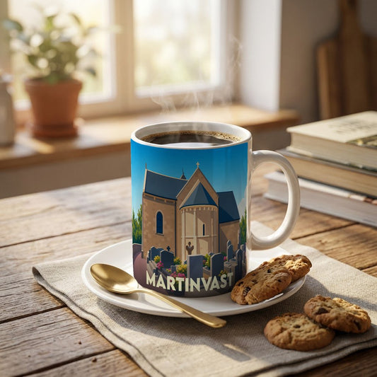 Mug souvenir de la ville de Martinvast orné d'une illustration stylisée de son église et de son cimetière.