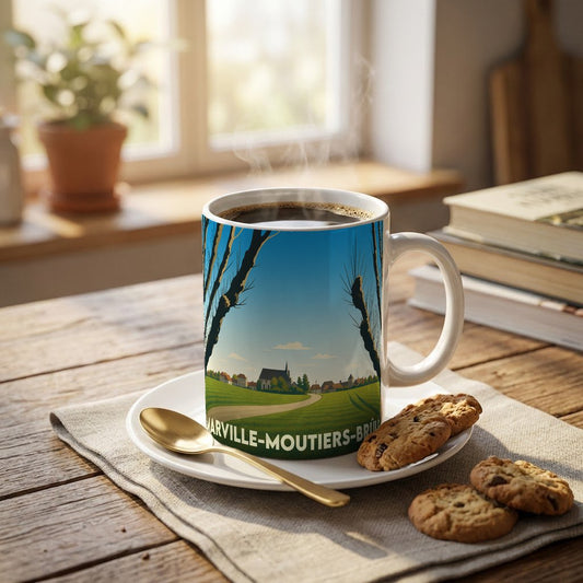 Mug souvenir de la ville de Marville-Moutiers-Brûlé orné d'une illustration de paysage champêtre stylisé.