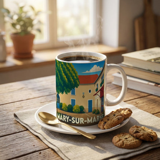 Mug souvenir de la ville de Mary-sur-Marne illustré d'un paysage urbain coloré et stylisé.