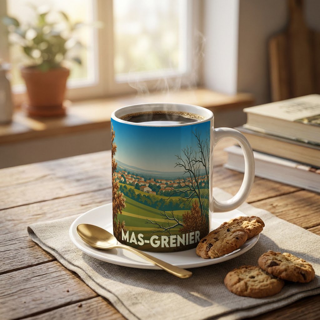 Mug souvenir de la ville de Mas-Grenier avec une illustration stylisée de paysages vallonnés.