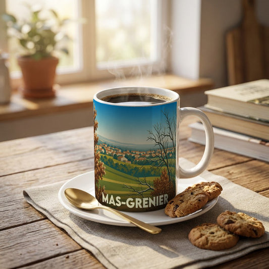 Mug souvenir de la ville de Mas-Grenier avec une illustration stylisée de paysages vallonnés.