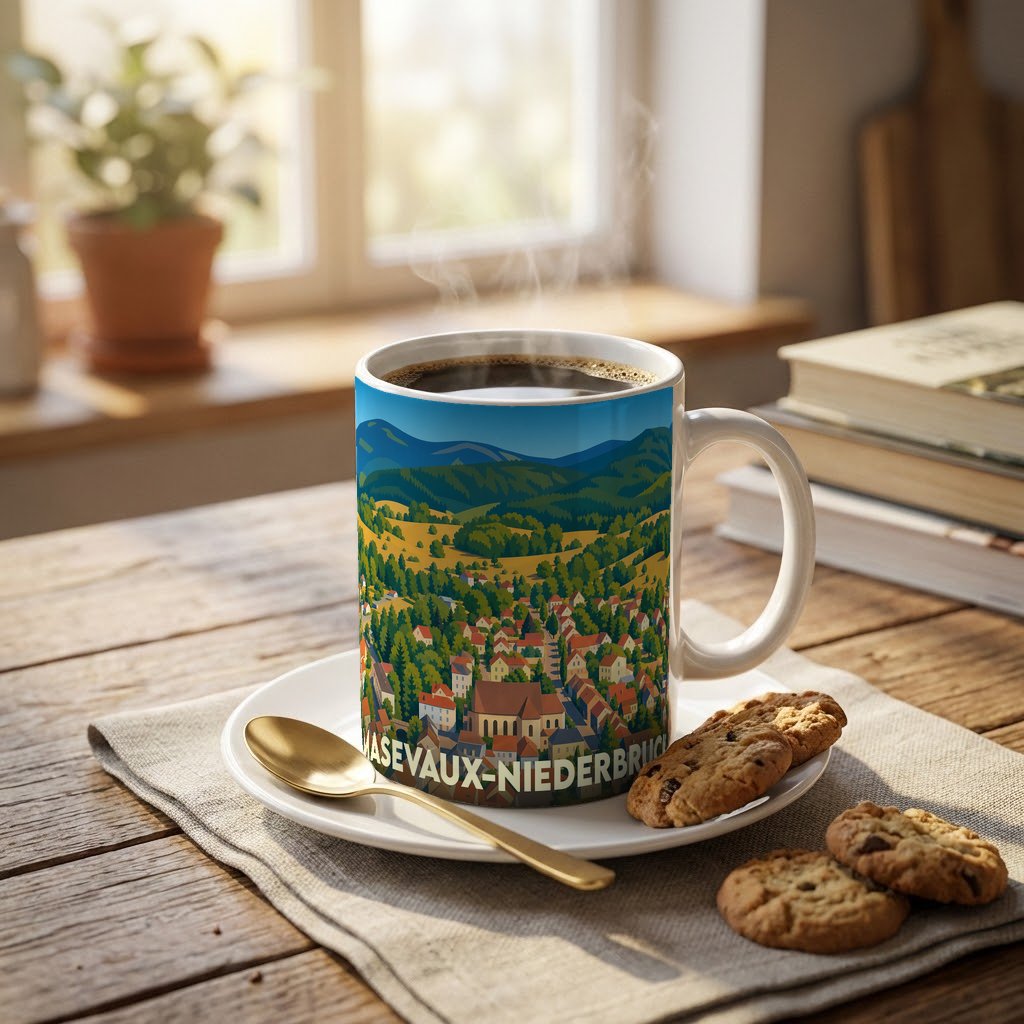 Mug souvenir de la ville de Masevaux-Niederbruck orné d'une illustration panoramique colorée.