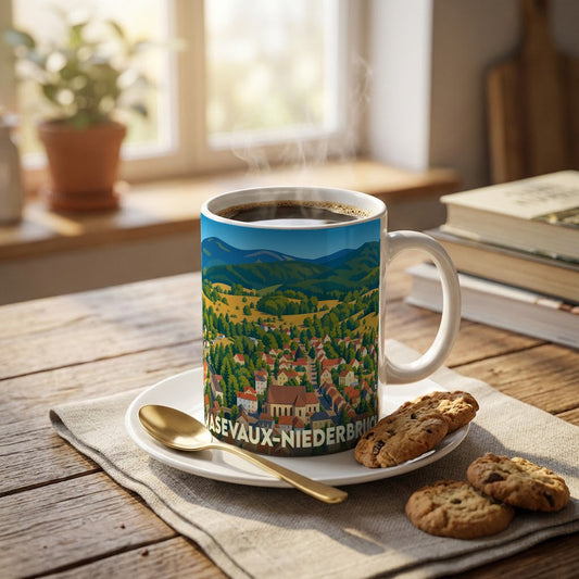 Mug souvenir de la ville de Masevaux-Niederbruck orné d'une illustration panoramique colorée.