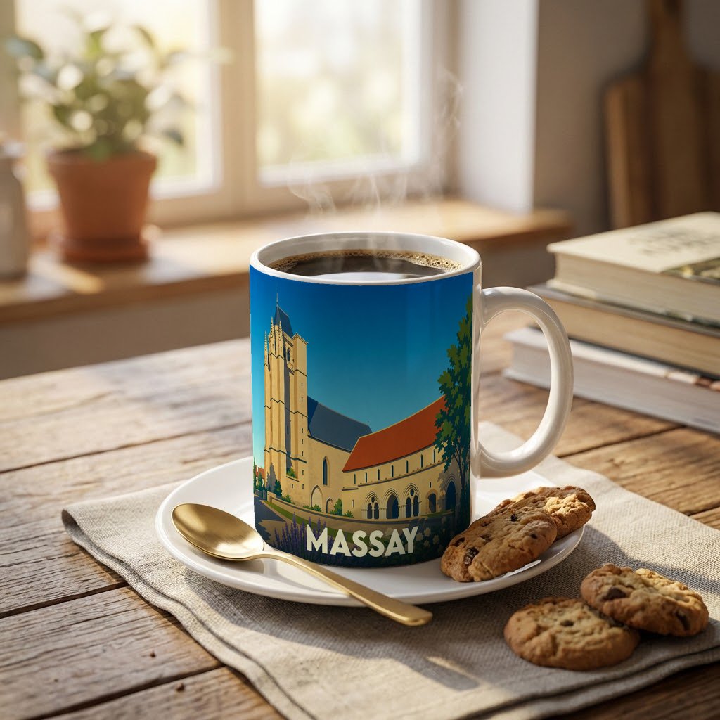 Mug souvenir de la ville de Massay avec une illustration stylisée de son église abbatiale.
