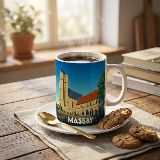 Mug souvenir de la ville de Massay avec une illustration stylisée de son église abbatiale.