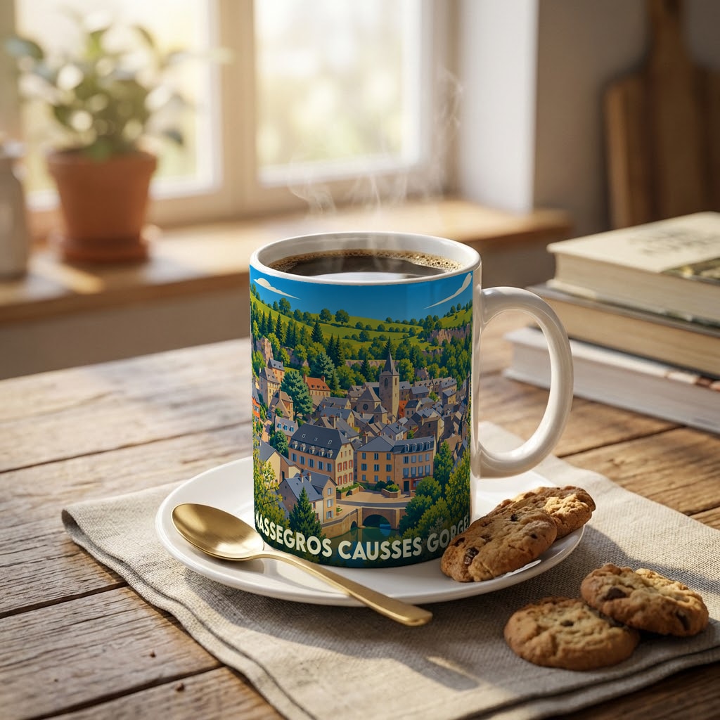 Mug souvenir de la ville de Massegros Causses Gorges avec une illustration colorée et stylisée de ses paysages.