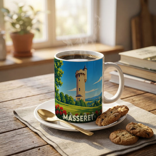 Mug souvenir de la ville de Masseret orné d'une illustration stylisée de sa tour médiévale.