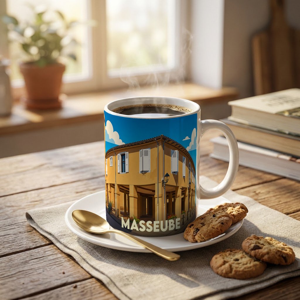 Mug souvenir de la ville de Masseube avec une illustration stylisée d'un bâtiment traditionnel.