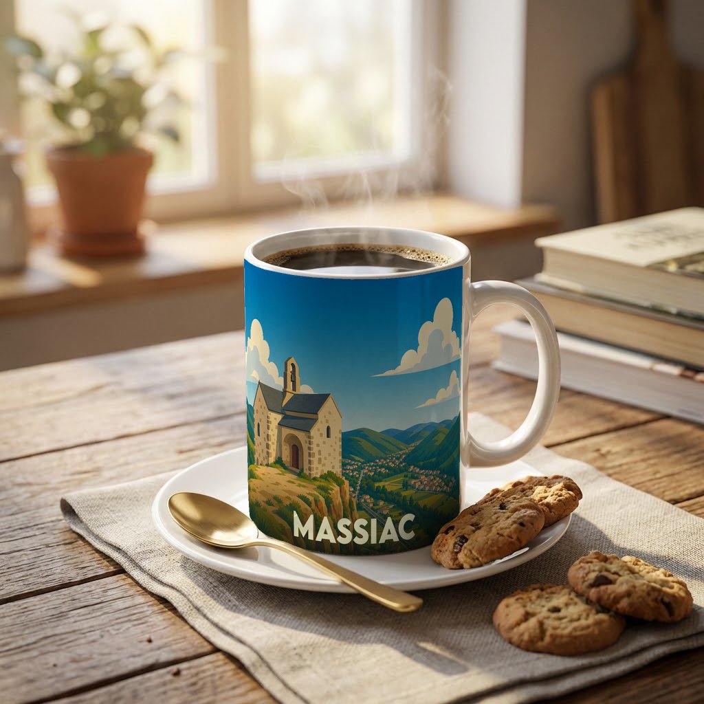 Mug souvenir de la ville de Massiac avec une illustration stylisée d'une chapelle surplombant la vallée.