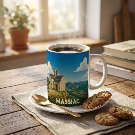 Mug souvenir de la ville de Massiac avec une illustration stylisée d'une chapelle surplombant la vallée.