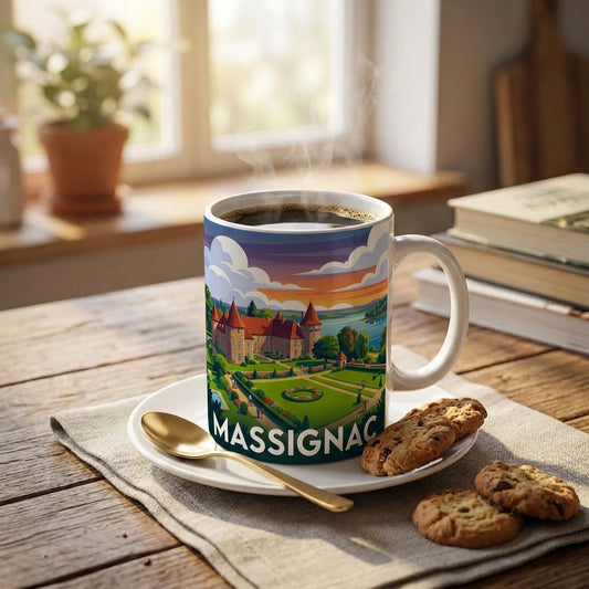 Mug souvenir de la ville de Massignac avec une illustration stylisée.