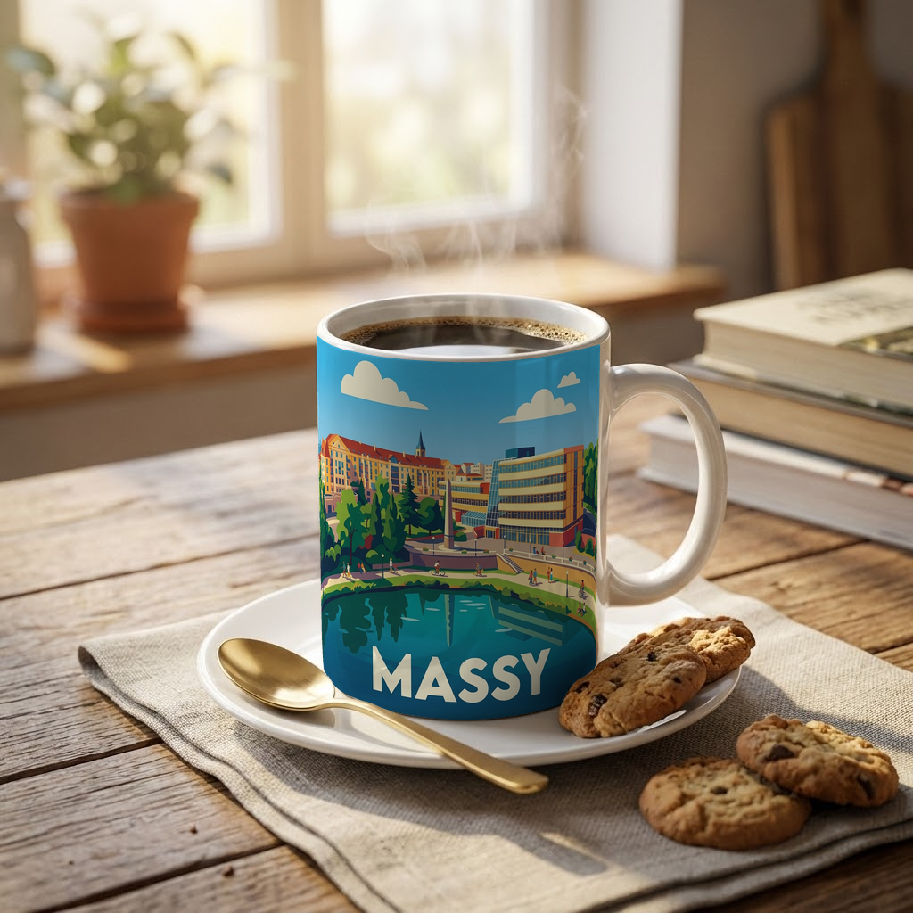 Mug souvenir de la ville de Massy avec une illustration stylisée et colorée d'un paysage urbain au bord de l'eau.