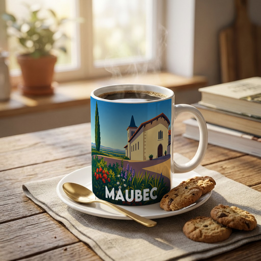 Mug souvenir de la ville de Maubec avec une illustration stylisée.