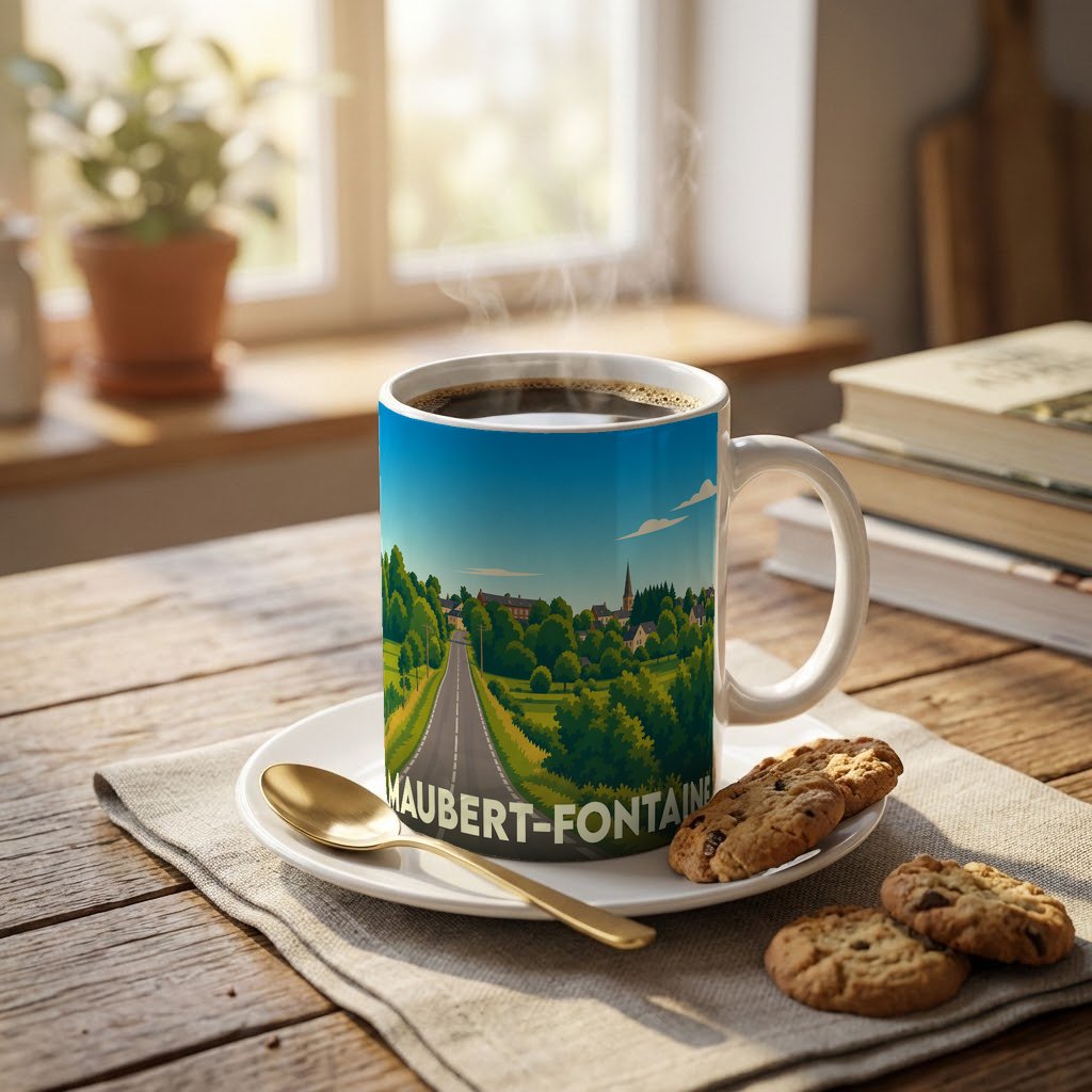 Mug souvenir de la ville de Maubert-Fontaine avec une illustration stylisée d'un paysage de campagne.