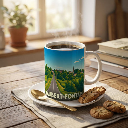 Mug souvenir de la ville de Maubert-Fontaine avec une illustration stylisée d'un paysage de campagne.