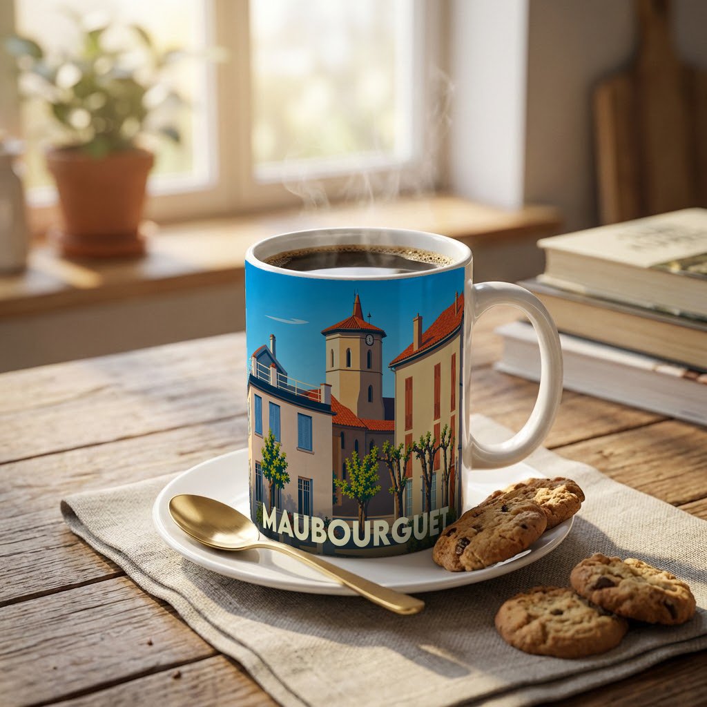 Mug souvenir de la ville de Maubourguet orné d'une illustration stylisée de son architecture.