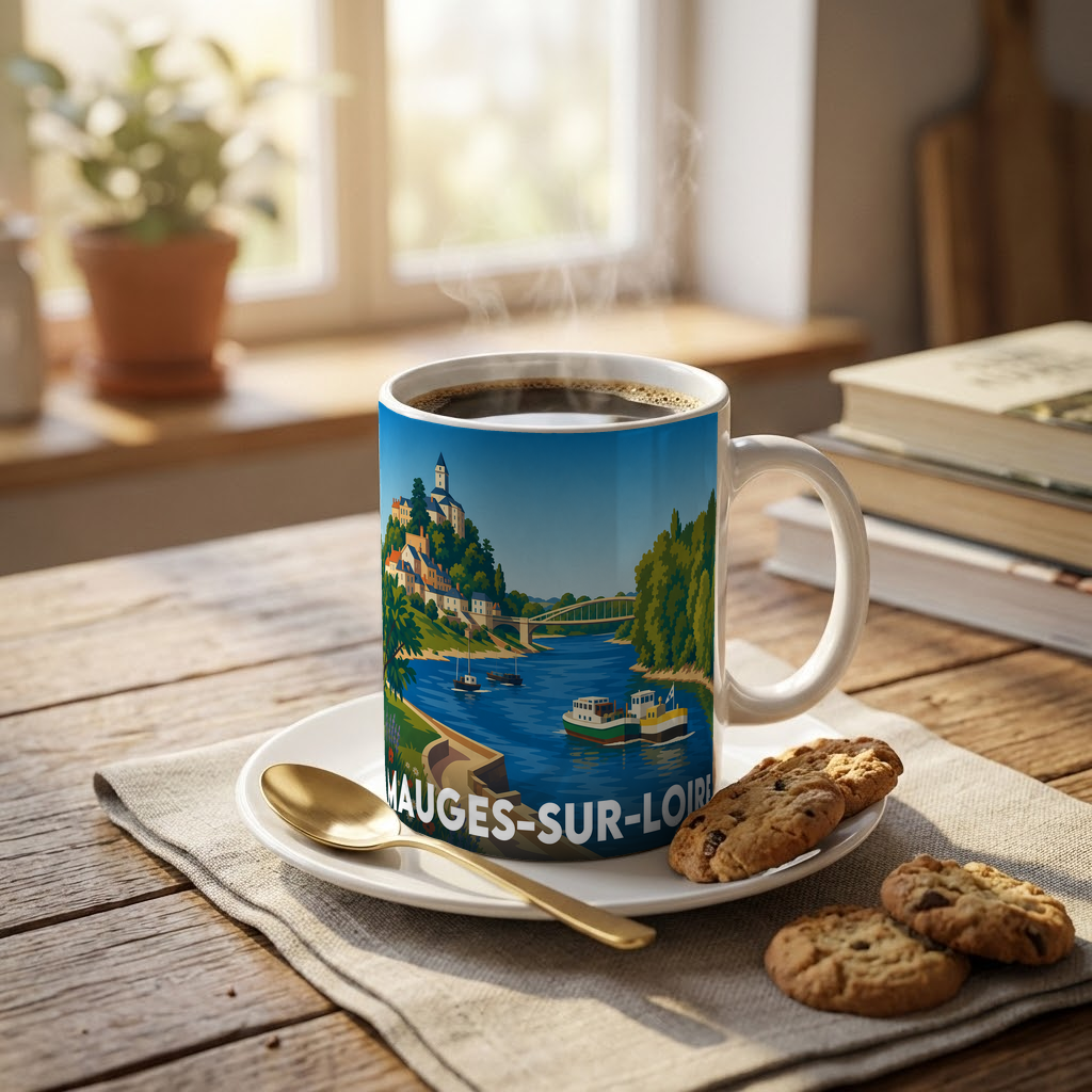 Mug souvenir de la ville de Mauges-sur-Loire avec une illustration stylisée de son paysage fluvial.