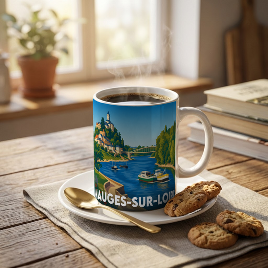 Mug souvenir de la ville de Mauges-sur-Loire avec une illustration stylisée de son paysage fluvial.