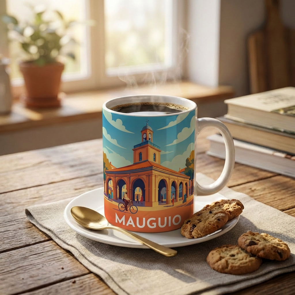 Mug souvenir de la ville de Mauguio avec une illustration stylisée et colorée.