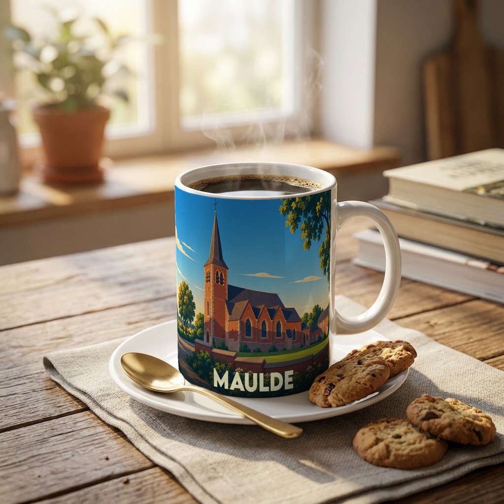 Mug souvenir de la ville de Maulde orné d'une illustration stylisée de son église.